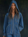 Denim Jumpsuit Casual Loose Retro Pockets Long Sleeve Hooded Zipper Jumpsuit