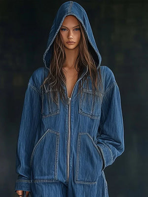 Denim Jumpsuit Casual Loose Retro Pockets Long Sleeve Hooded Zipper Jumpsuit