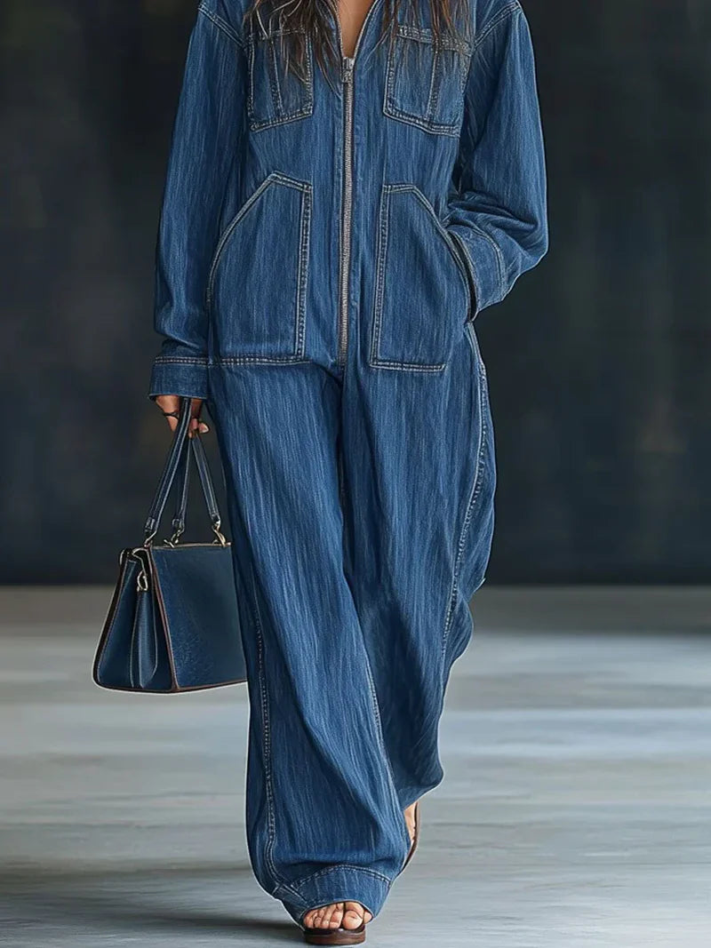 Denim Jumpsuit Casual Loose Retro Pockets Long Sleeve Hooded Zipper Jumpsuit